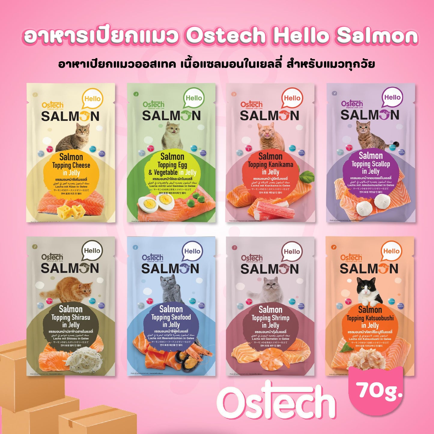 [ขายปลีก] Ostech Hello Salmon อาหารเปียกแมวออสเทค ฮัลโหล แซลมอน ในเยลลี่ เนื้อแซลมอนเน้นๆ ขนาด 70 กรัม