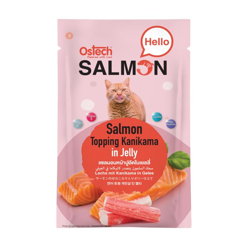 [ขายปลีก] Ostech Hello Salmon อาหารเปียกแมวออสเทค ฮัลโหล แซลมอน ในเยลลี่ เนื้อแซลมอนเน้นๆ ขนาด 70 กรัม