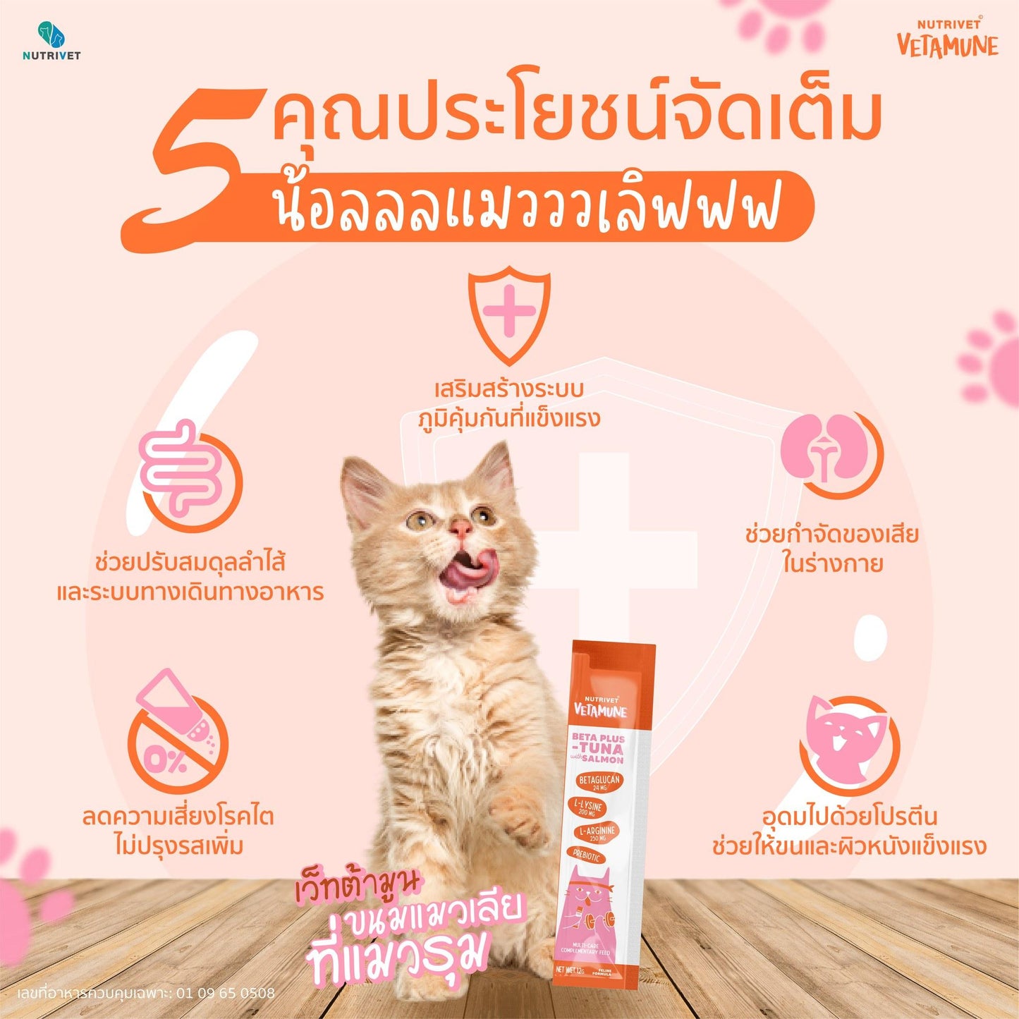 [แพ็ค 10 ซอง] VETAMUNE Beta Plus ขนมแมวเลียวิตามิน เวทต้ามูน เสริมภูมิ ปรับสมดุลลำไส้ ขนาด 12 กรัม/ซอง